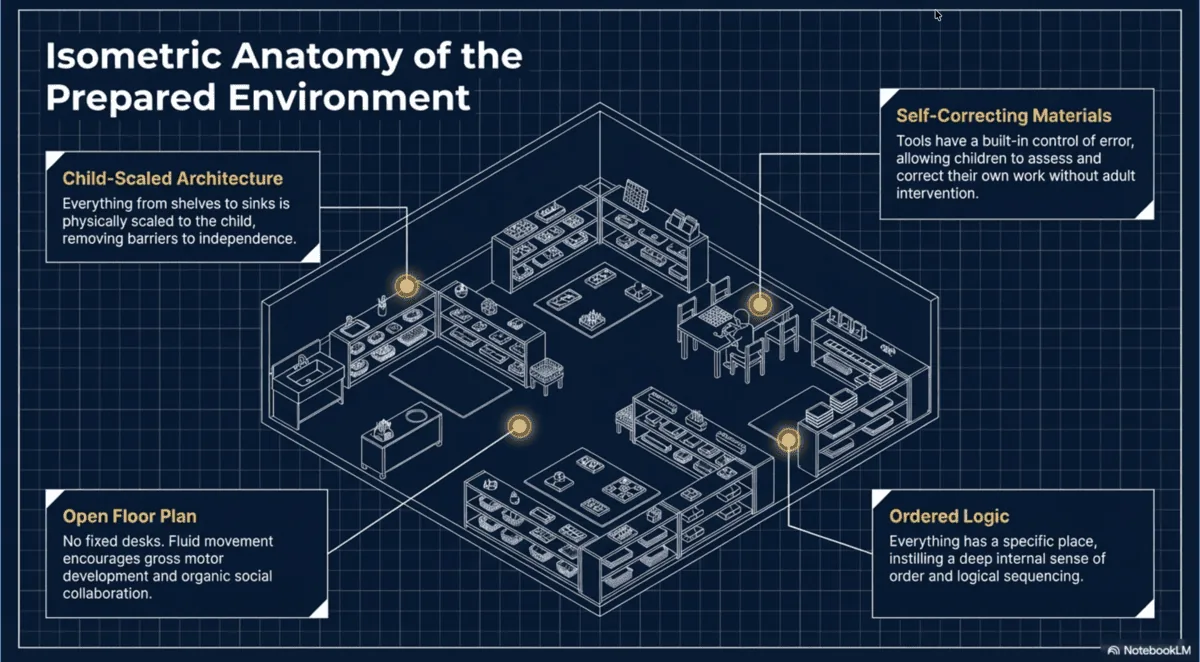Isometric diagram of a Montessori prepared environment: child-scaled architecture, self-correcting materials, an open floor plan and ordered logic