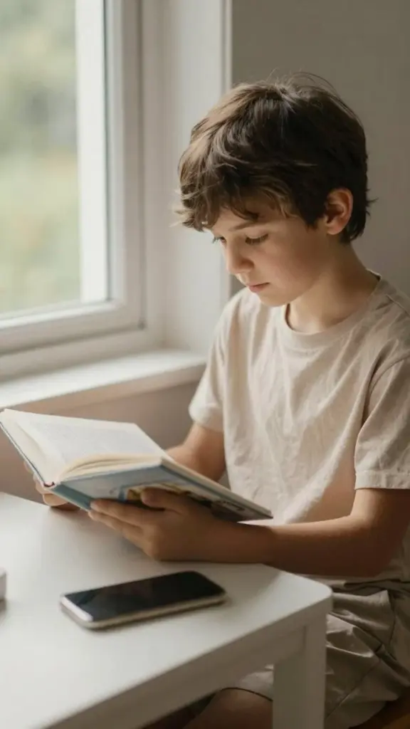 A boy reading a book at a table with his phone face down beside him